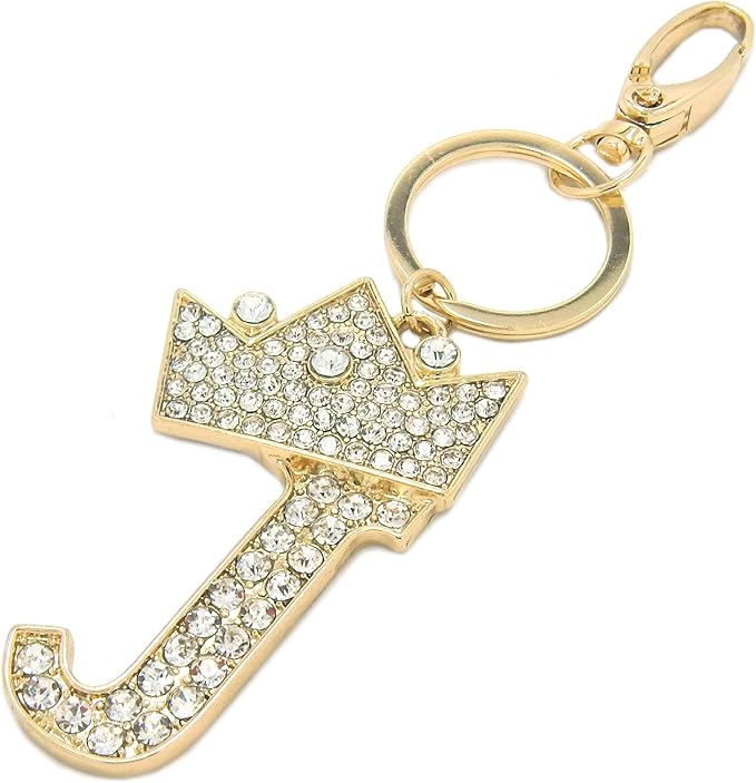 CBC Crown Crystal Rhinestone Letter Initial Keychain, Gold Metal, Bag Charm with Key Ring Approx. 2.17" x 2.56"