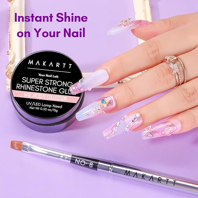 Makartt Rhinestone Glue for Nails, 15ml Clear Nail Gem Adhesive with Brush Kit for 3D DIY Decorations, Super Strong Bling Gel for Jewelry Diamonds