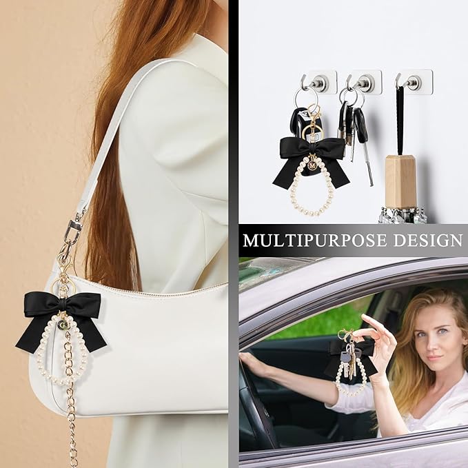 XGALBLA Initial Letter Cute Coquette Bow Keychain for Women, Wristlet Simulated Pearl Keychains Bag Charms for Handbags