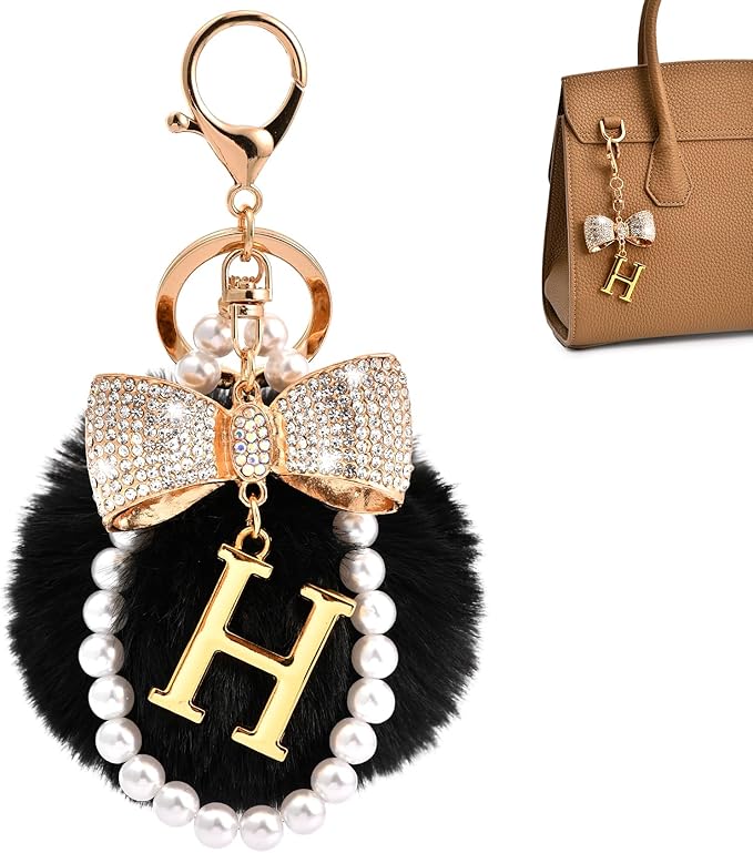 Gold Initial Keychain with Rhinestone Bow & Black Pom Pom, Cute Letter Bag Charm for Women Purse and Car Keys