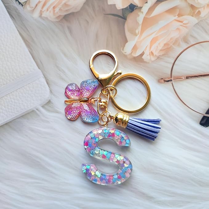 Cute Initial Letter Keychains for Women Girls Tassel Butterfly Pink Purple Green Keychain for Backpack School Bag