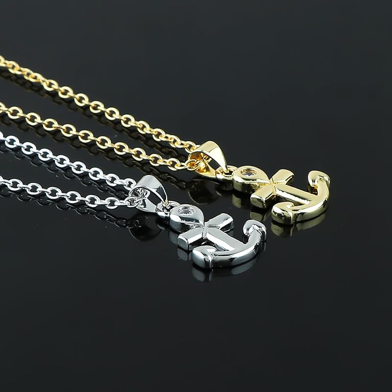 JOR Anchor Charm Pendant Necklace, CZ, Relationship Goal, Women Jewelry, Dainty Gold & Silver Plated Combo Chain 18 inch (Pack of 2)