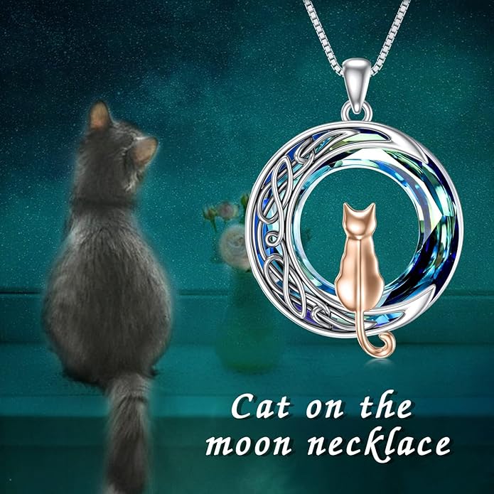 TOUPOP Cat Gifts for Cat Lovers One Two Three Four Cats Necklace Sterling Silver Cats on the Moon Pendant Necklace with Blue Circle Crystal Birthday Christmas Celtic Jewelry Gifts for Women
