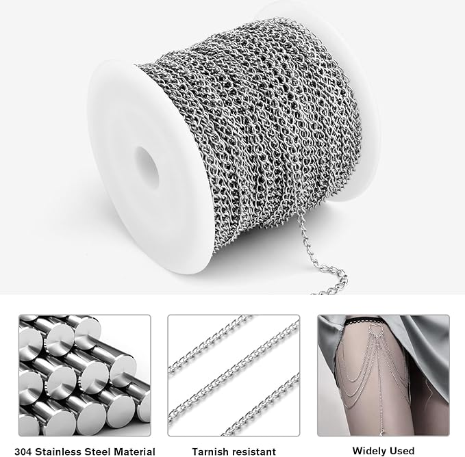 [66 Feet/ 20M] Stainless Steel Curb Chain Roll, 2.5mm 304 Stainless Steel Extension Chain Twisted Link Curb Chains Bulk for Jewelry Making Bracelet Necklace Extender