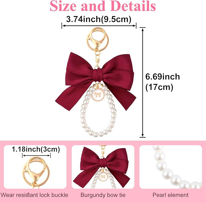 Joez Wonderful Pearl Bow Keychain, Cute Pink Bowknot & Pearl Keyring Charms, Aesthetic Keychain