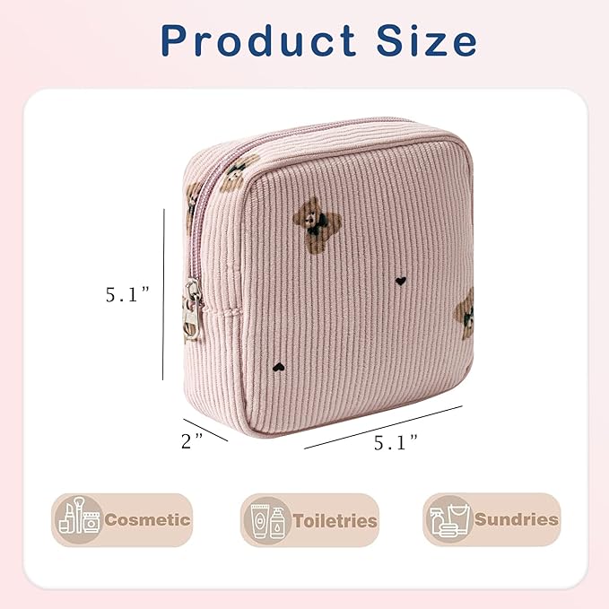 uekeboag Cute Small Corduroy Zipper Makeup Bag, Mini Coquette Aesthetic Pouch with Bear Pattern for for Purse,Key Pocket Lipstick Bag Card Holder Data Cable Organizer for Women Girls(01Pink Bear)