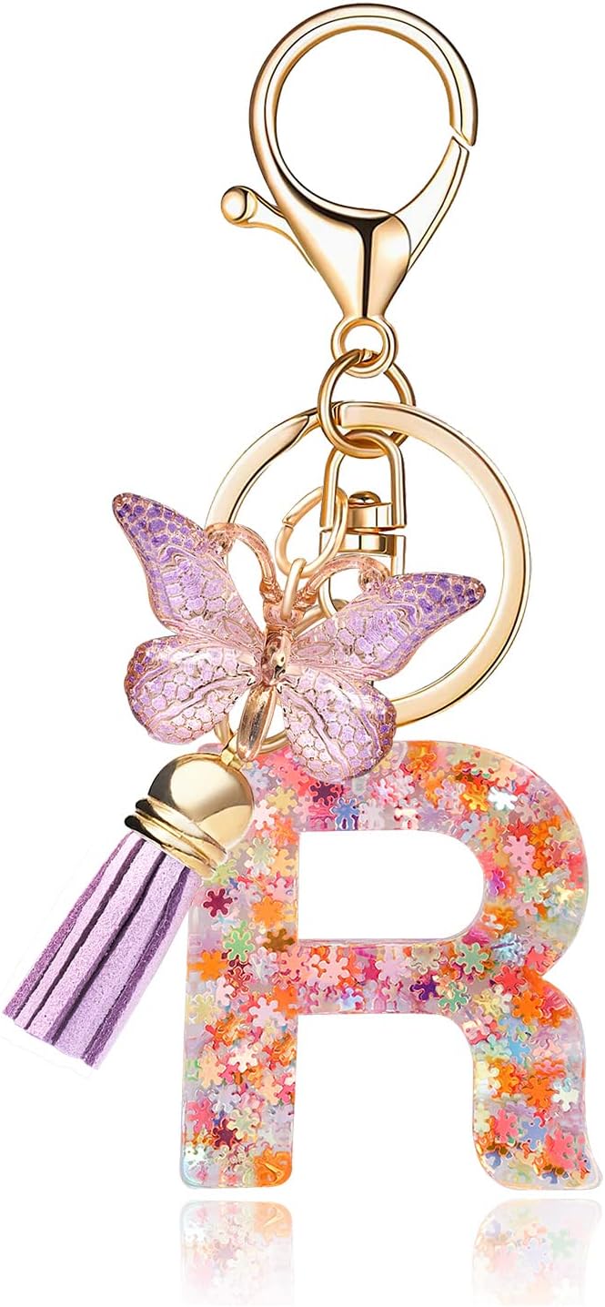 Fashion Alphabet Initial Letter Keychain Tassel Butterfly Pendant Key Ring for Purse Handbags Women Girl