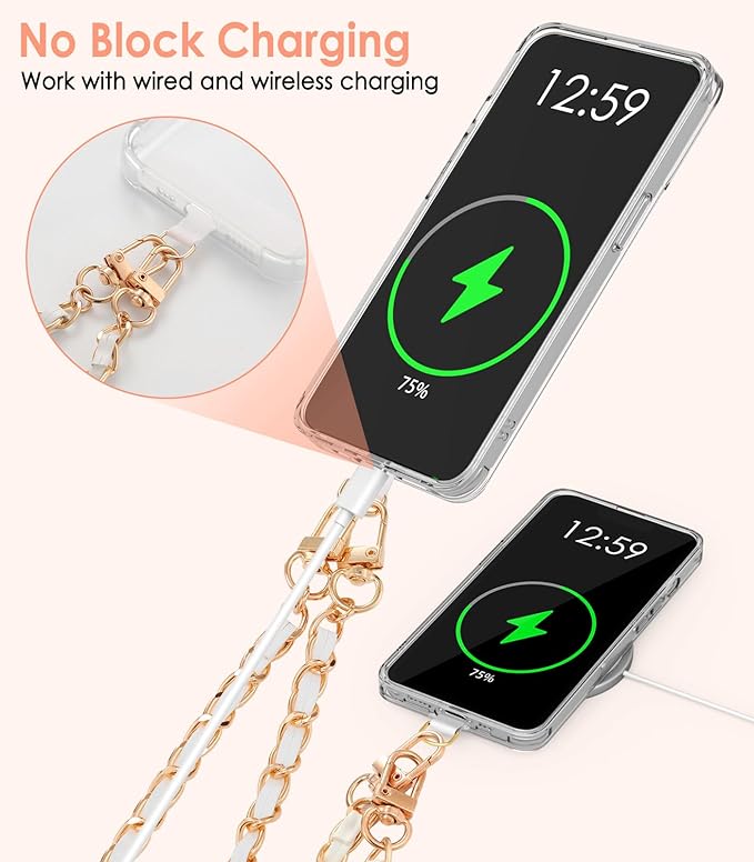 MoKo Universal Phone Lanyard, Adjustable Metal Cell Phone Chain Crossbody Strap Anti-Theft Detachable Women Cellphone Lanyards Around the Neck with Patches for iPhone, Most Smartphones, White