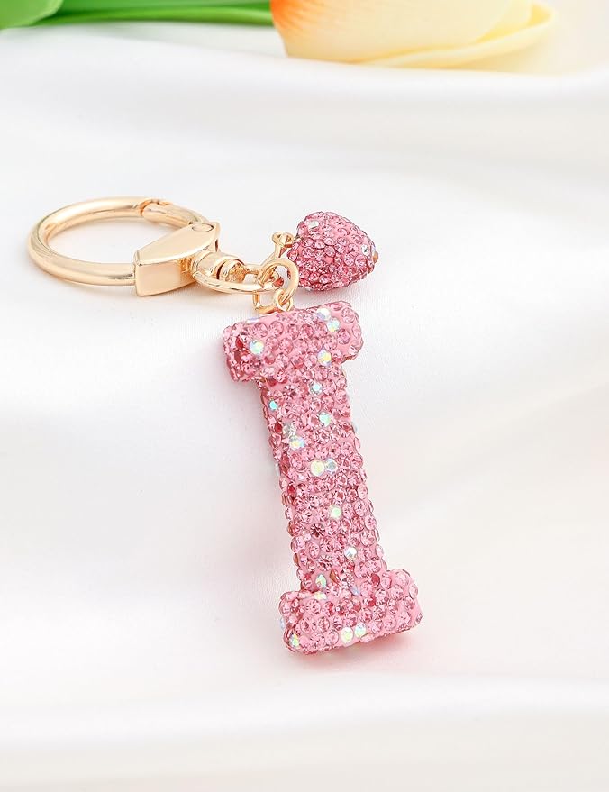 Initial Keychain for Women Girls,Bling Letter Key chain Initial with Heart,Pink Keychain Charms for Backpack Handbag