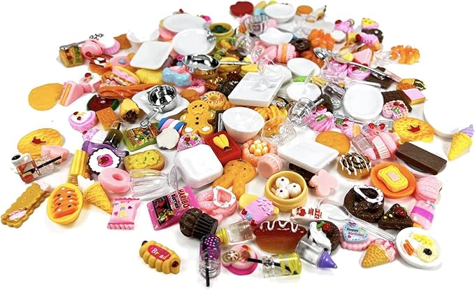 200pcs Miniature Landscape Food Drinks Bottle Mini Toys Doll House Kitchen Play Resin Dollhouse Accessories for Adults Teenagers Cooking Game Hamburger Ice Cream Cake Bread Tableware Party