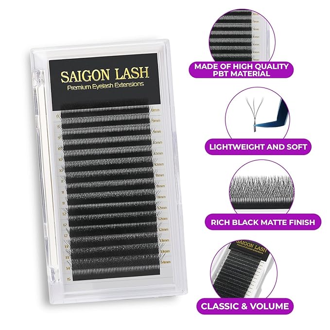 SAIGON LASH W-Shaped Eyelash Extensions, 3D Premade Fan Lashes 0.07 B C CC D DD Curl, Matte Black Volume Lash Extensions, Easy Fanning Lash Tray, 8–15mm Mixed Length, 16 Rows (3DW Lash C-0.07)