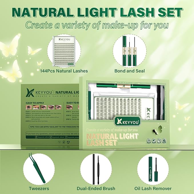 KEYYOU Natural Lash Clusters Kit 144Pcs DIY Lash Extension Kit Wispy Eyelash Extensions Kit D Curl 10-12MIX with Bond and Seal and tweezers with Thin Lash Band(KIT-N05-D-10-12MIX)