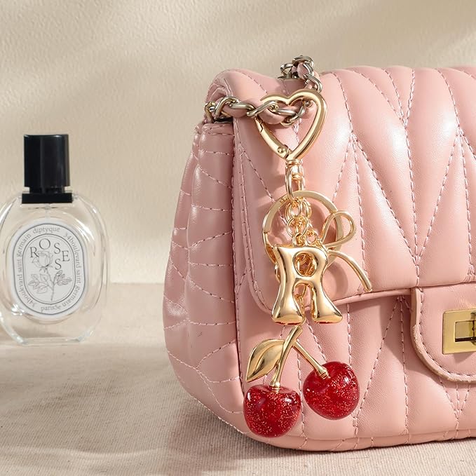 Snycler Bubble Initial Keychain with Cherry & Bow - Gold Letter Bag Charms for Women, Cute Purse Handbag Accessories