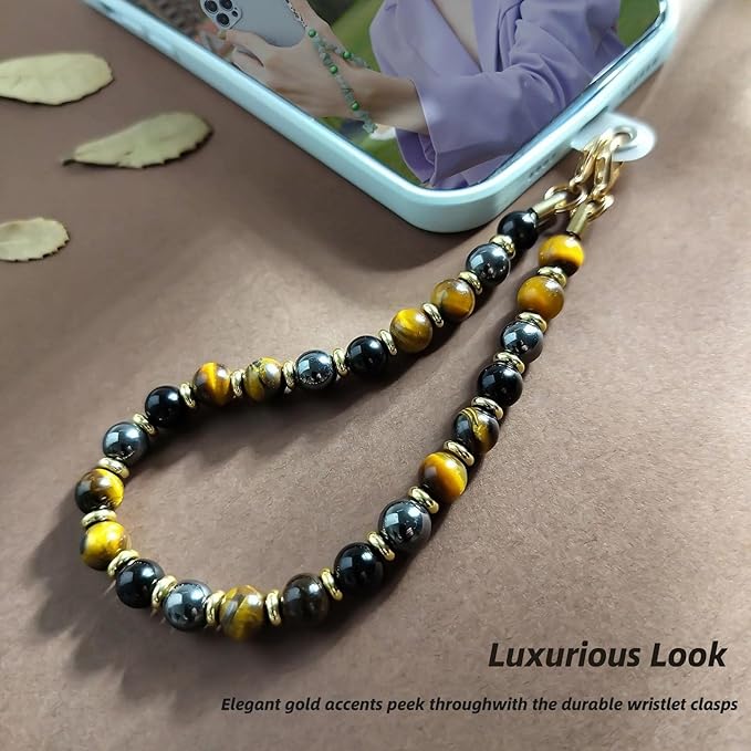 Marble Beaded Phone Wrist Strap,Detachable Phone Bracelet Strap with Tether Tab,Hands-Free Wristlet Strap (Yellow Tiger Eye)