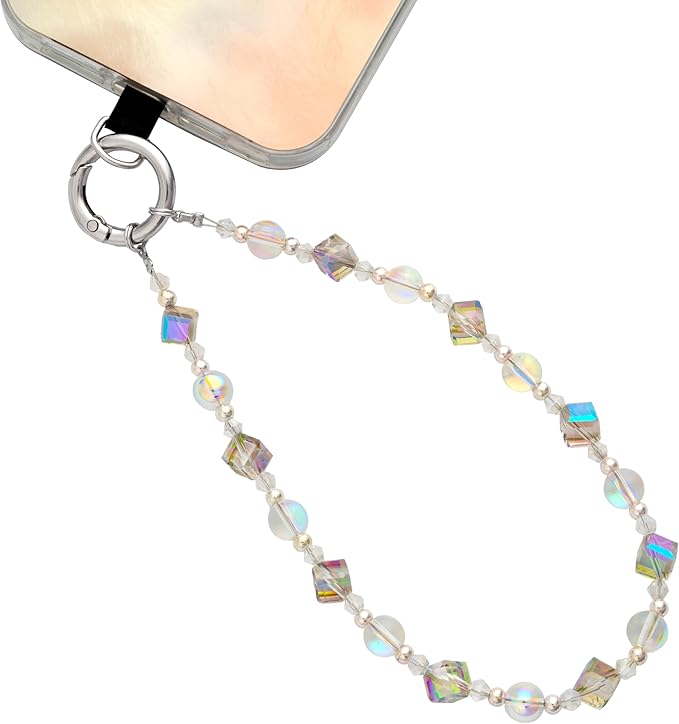 Cell Phone Wrist Strap Crystal Beaded Phone Bracelet Strap For Women Sparkling Beads Wristlet Lanyard Beaded Chain (Transparent Rainbow)