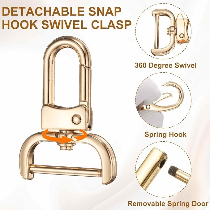 HARFINGTON 4pcs Detachable Snap Hook Swivel Clasp 1" (25mm) Zinc Alloy Lobster Claw Clasp with 4pcs D-Rings Screw in Shackle for Keychain Lanyard Purse DIY Purse Strap, Light Gold
