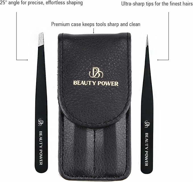 Beauty Power Precision Tweezers for Women Facial Hair & Men - Professional Tweezers Set with Slant & Point Tips, German Stainless Steel, PU Leather Travel Case, Lightweight & Ultra Precision Black