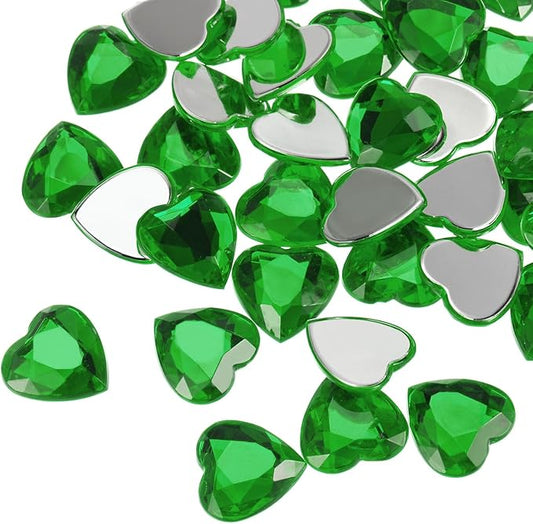 MECCANIXITY 40 Pcs Acrylic Heart Rhinestone 15mm Flat Back Plastic Gems Jewelry Stickers for Craft Bead Face Painting Costume Jewelry Making, Dark Green