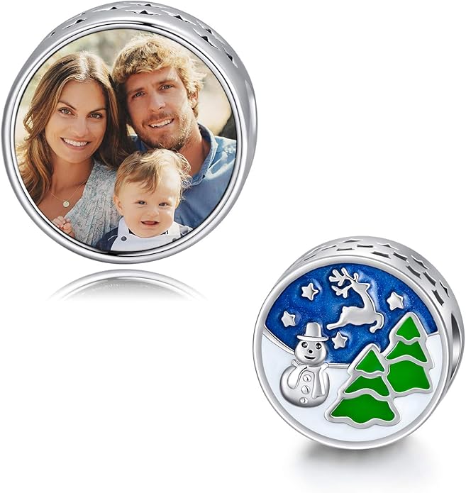 LONAGO 925 Sterling Silver Personalized Photo Charm Fit Compatible for Bracelet Necklace Customized Heart Round Shape Picture Bead