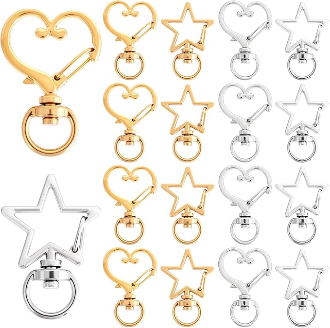 20pcs Heart Star Swivel Clasp Hooks, Heavy Duty Swivel Keychain Jewelry Clasp, Zinc Alloy Spring Snap Clip Lobster Claw Hanging Buckle for Key Bag DIY Crafts- Gold & Silver