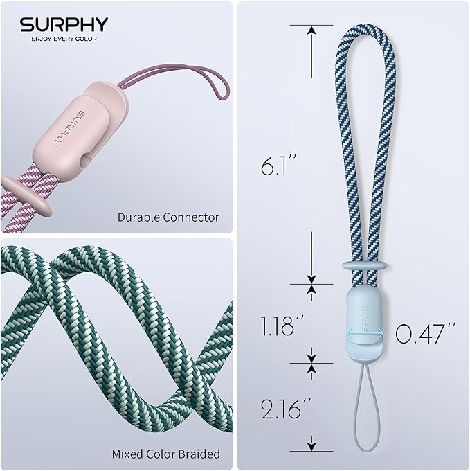 SURPHY 3 Pack Phone Wrist Strap with CellPhone Tether Tab, Cellphone Lanyard, Phone Strap with 2-Color Braided, Wrist Lanyard