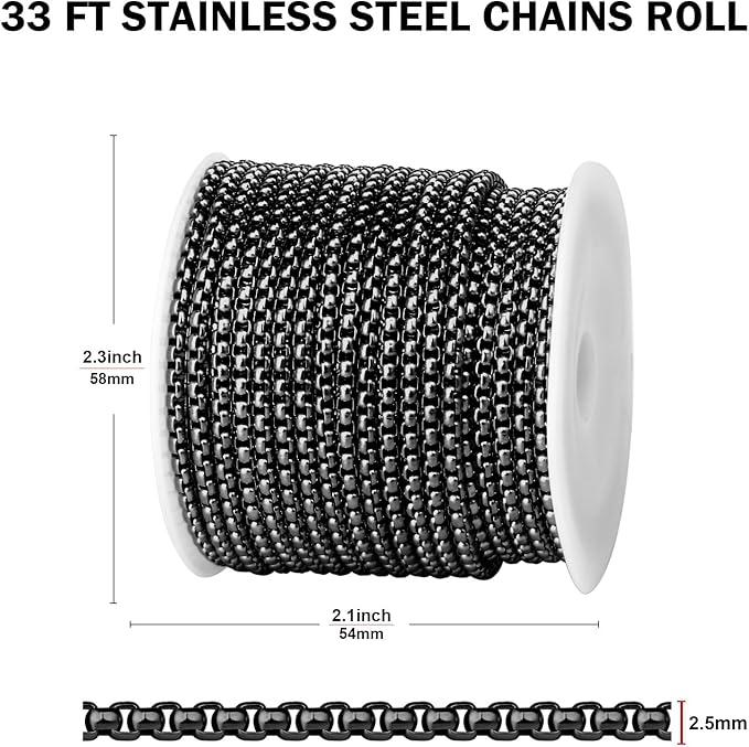[33FT] Gunmetal Stainless Steel Rolo Box Chains for Jewelry Making, 2.5mm Wide 304 Stainless Steel Rolo Link Chain Roll Bulk for DIY Jewelry Making Craft
