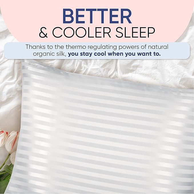 Blissy Silk Pillowcase - 100% Pure Mulberry Silk - 22 Momme 6A High-Grade Fibers - Silk Pillow Cover for Hair & Skin - Regular, Queen & King (White Striped, Queen)