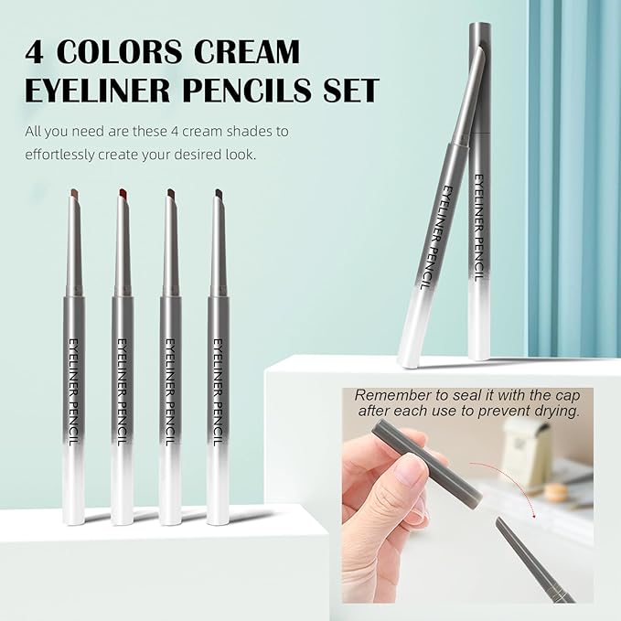 4 Pcs Cream Eyeliner Pencils Set, Waterproof Matte Eyeliner Pens, Smooth and Long-Lasting Gel Cream Eye Liner Pencils kit Makeup for Women, Black & Brown & Burgundy & Light Brown