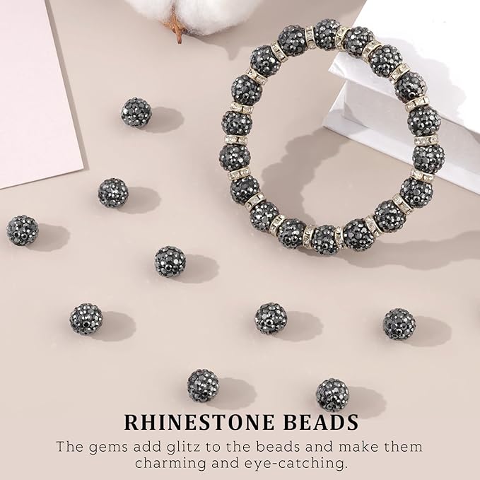 120pcs 10mm Rhinestone Beads for Jewelry Making, Hematite Shiny Round Shamballa Disco Ball Beads Bulk, Sparkle Crystal Clay Christmas for Bracelet Baseball Necklace Earring Crafting and DIY