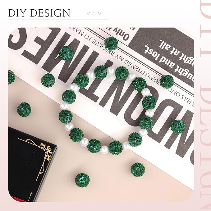 200 Pcs Emerald Rhinestone Beads for Jewelry Making, Sparkle Crystal Clay Christmas for Bracelet Baseball Necklace Earring Crafting and DIY, Shiny Round Shamballa Disco Ball Beads Bulk