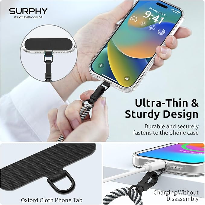 SURPHY Phone Lanyard, Adjustable Phone Strap Crossbody with 2 Pack Phone Tether Tab, Premium Metal Buckles and Two-Color Braided Cell Phone Lanyard Crossbody for Women and Men, Black & White