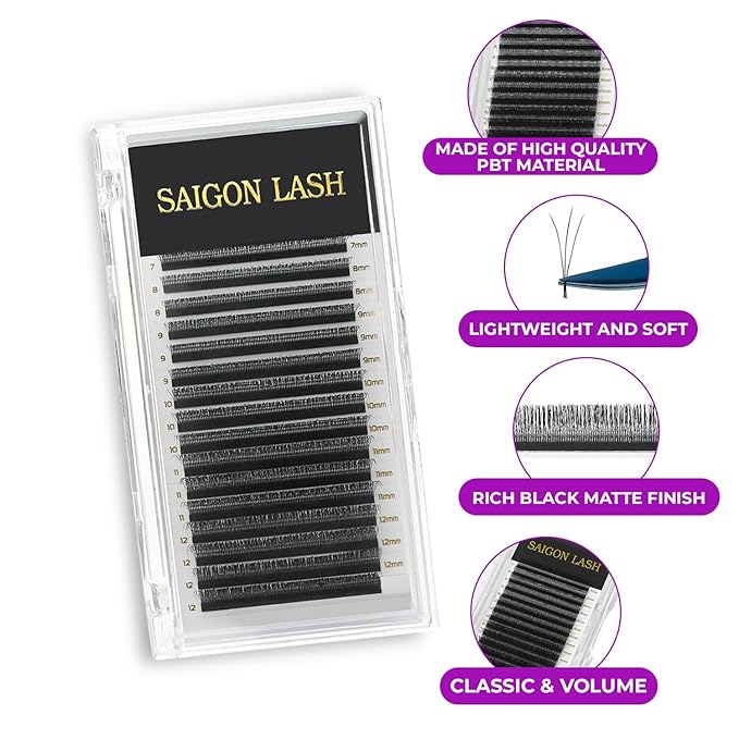 SAIGON LASH 3D Wispy Eyelash Extensions, Premade Fan Lashes, 0.07 B C CC D DD Curl, 7–15mm Mixed Length, Black Volume Individual Lashes for Professionals (C-0.07-7 - 12mm)