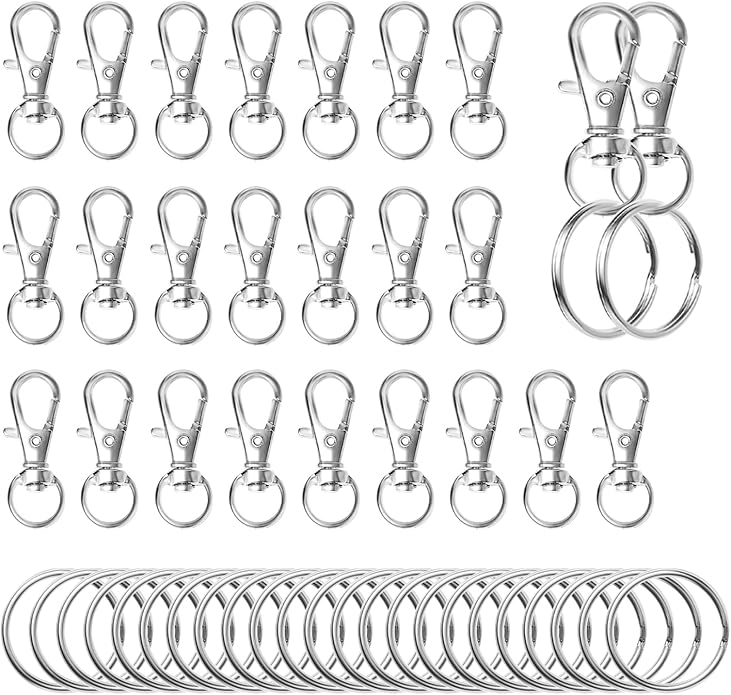 Swivel Snap Hooks with Split Key Rings Premium Metal Silver Lobster Claw Trigger Clasps for Keychain Clip Lanyard Bag Purse Tag Jewelry Making Crafts