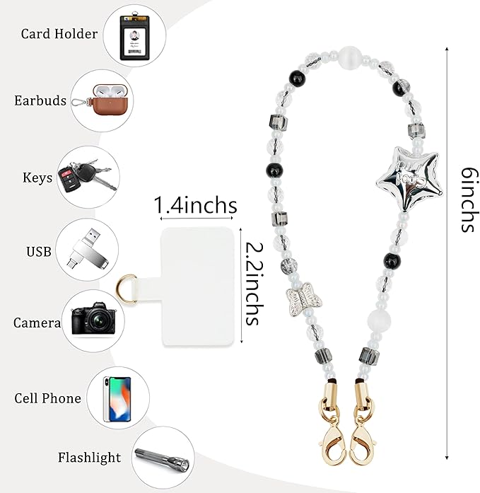 Marble Beaded Phone Wrist Strap,Detachable Phone Bracelet Strap with Tether Tab,Hands-Free Wristlet Strap (Silvery)
