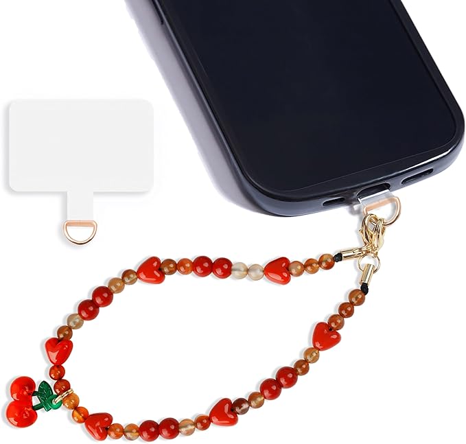 Marble Beaded Phone Wrist Strap,Detachable Phone Bracelet Strap with Tether Tab,Hands-Free Wristlet Strap (Sweet Cherries)
