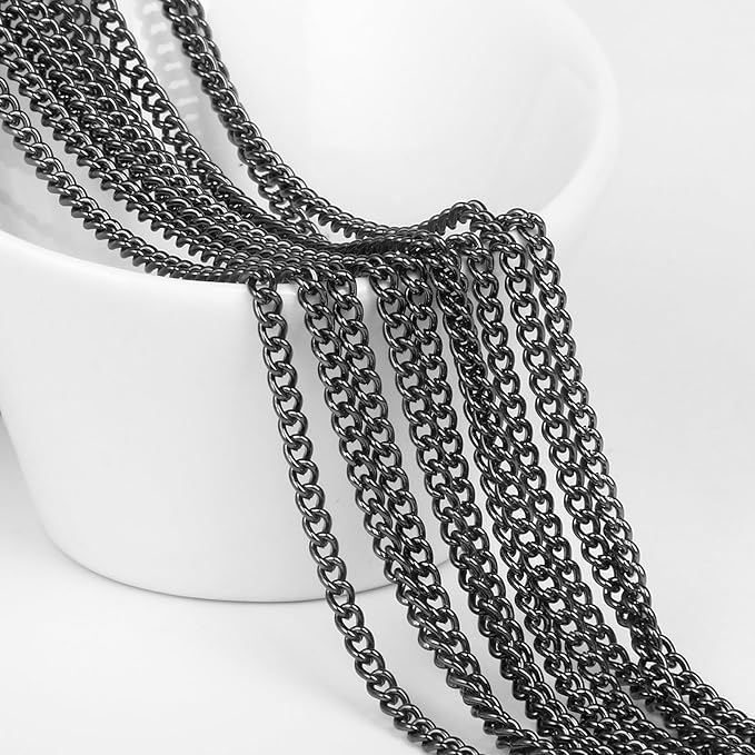 66FT Gunmetal Stainless Steel Curb Chains Roll, 3mm 304 Stainless Steel Black Flat Twisted Links Curb Chains Bulk Spool for Jewelry Making DIY Craft