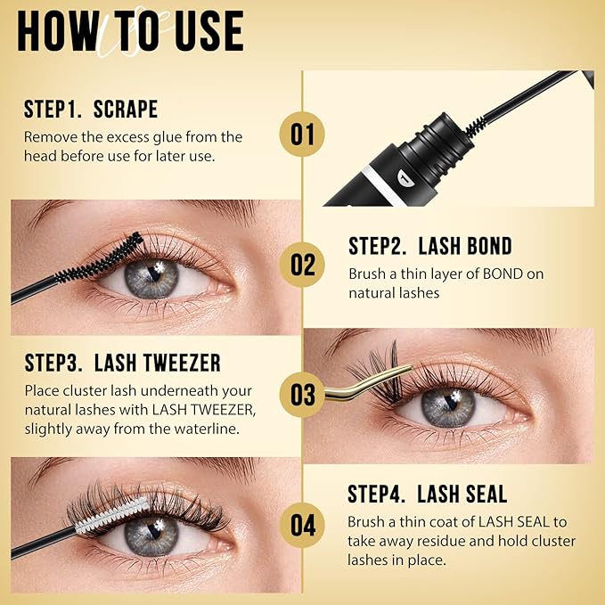 QUEWEL Lash Clusters 320Pcs Cluster Lashes 40D D Curl Lash Cluster Eyelash Extensions Mix9-16mm Individual Eyelashes Clusters Wispy Lash Clusters Thin Band Soft to Use at Home(40D D Mix9-16)