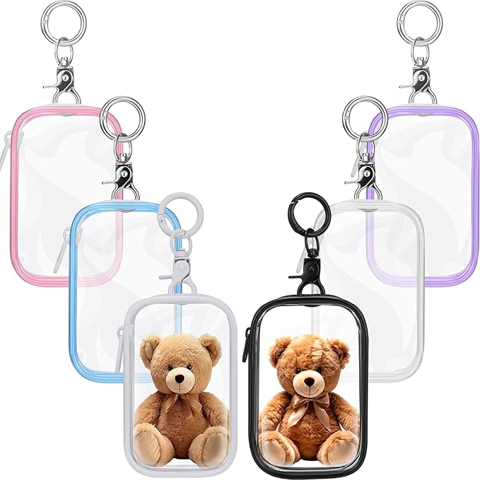 Harloon 6 Pcs Clear Figure Display Bags with Keychain for Doll 3.94 x 2.56 Inch Small Zipper Clear Pouch Keychain Display Case Portable Hanging Blind Bags Doll Storage Box Gift for Friend(Rectangular)