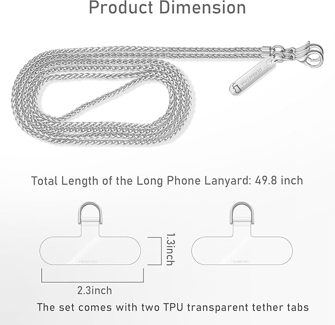 Metal Phone Chain, Crossbody Detachable Phone Lanyard with 1*Wrist Strap & 2* Tether Tabs for iPhone and Smartphones (Silver,Long)