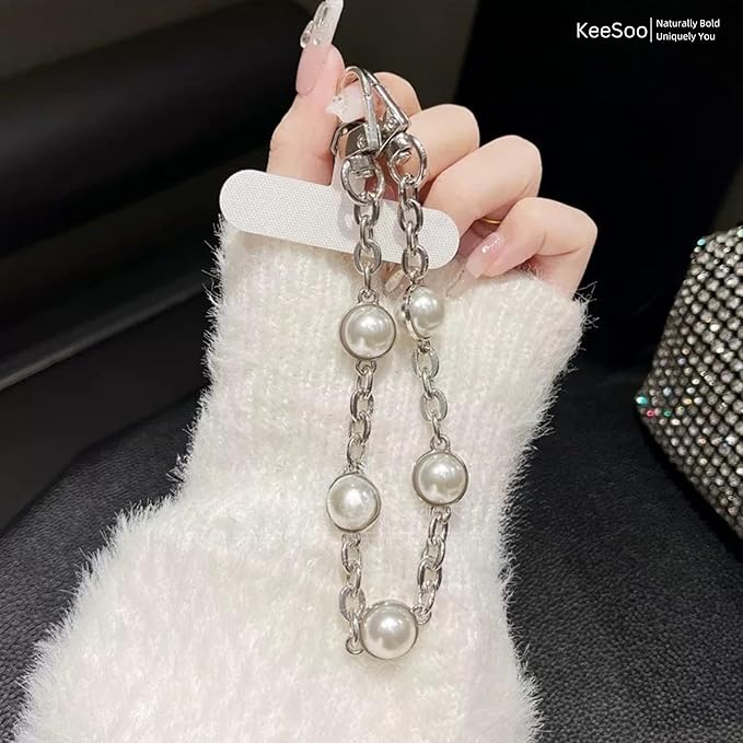 Original Pearl & Crystal Metal Vintage Phone Chain, Versatile with Premium Silver Metal Phone Tab (White Pearl)