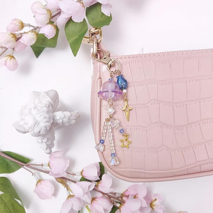 Y2K Aesthetic Keychains for Women Cute Flowers Star Cake Jellyfish Keychins Charms Kawaii Bag Purse Decor