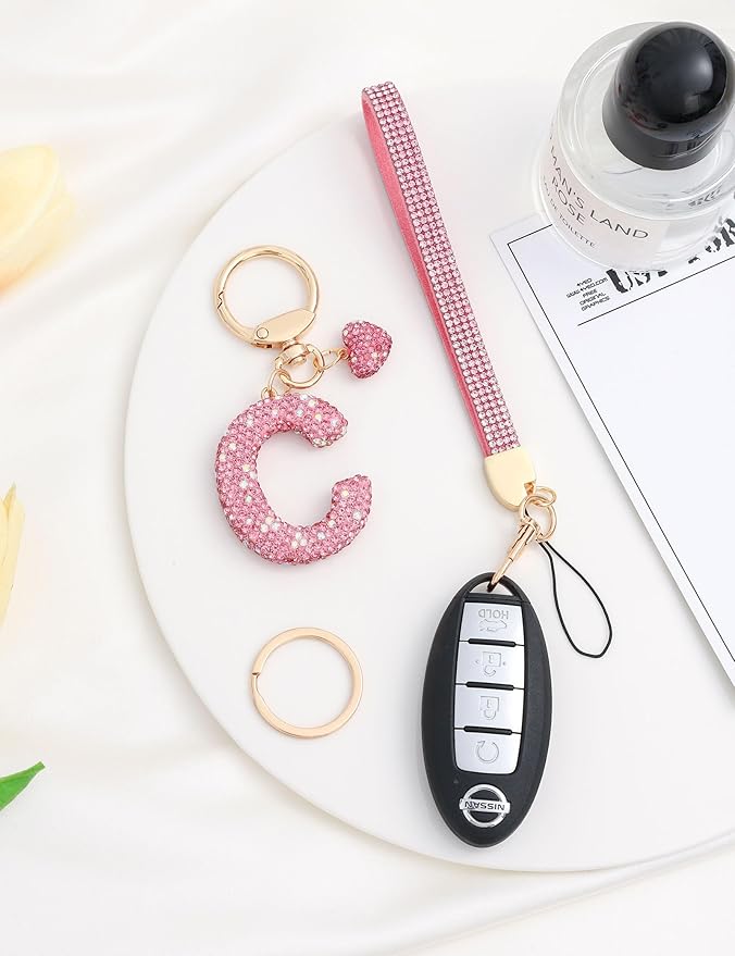 Initial Keychain for Women Girls,Bling Letter Key chain Initial with Heart,Pink Keychain Charms for Backpack Handbag