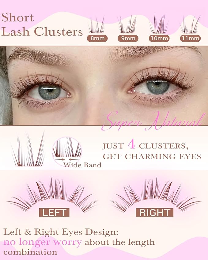 Ultra Natural Lash Clusters Brown Eyelash Clusters 8-11MM Short Cluster Lashes Wide Band Lash Extension Dark Brown Cluster Eyelash Extensions Left & Right Cat Eye Individual Lashes by ZANLUFLY