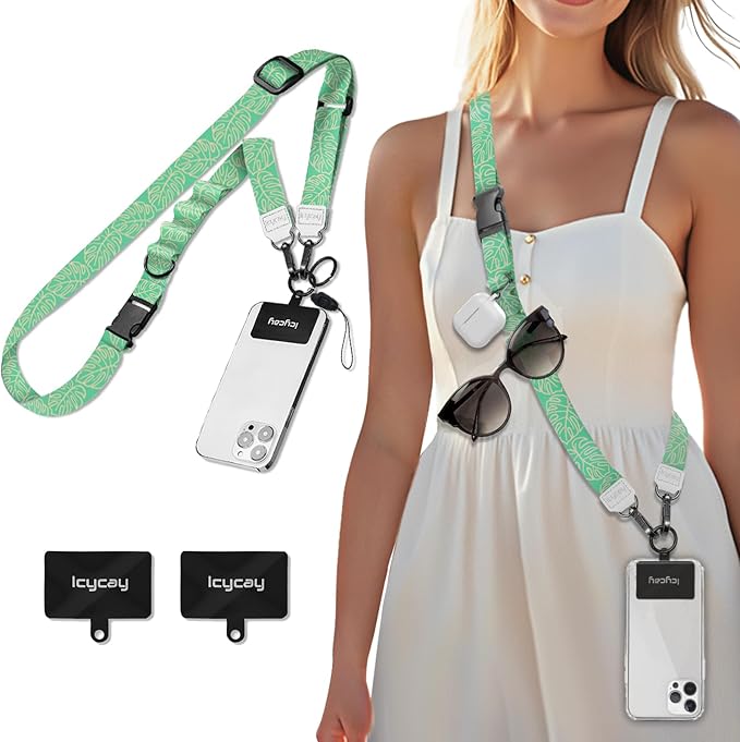 Phone Lanyard Crossbody, Green Tropical Leaves Cell Phone Strap for Around The Neck Adjustable, Teacher Anti Theft Cute Lanyard for iPhone Case ID Holder Keys Accessories Travel Essential