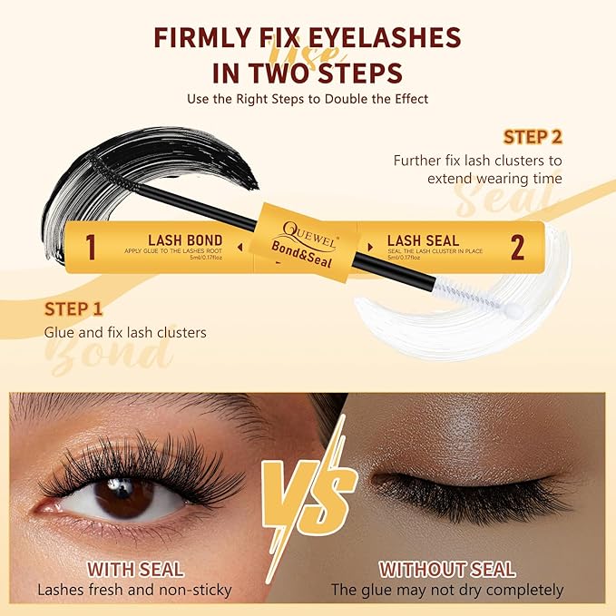 QUEWEL Lash Bond and Seal, 2 in 1 Lash Cluster Glue 10ML Eyelash Glue Waterproof Lash Bond and Seal Strong Hold for DIY Lash Extensions at Home