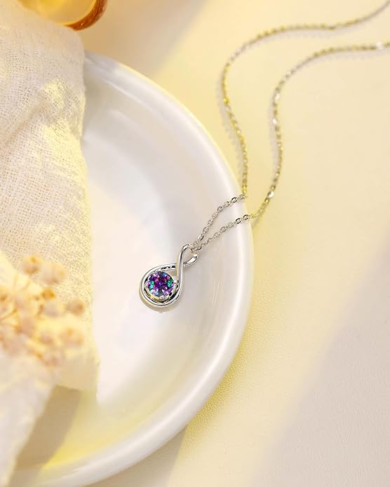 FANCIME 14K Solid Gold Birthstone Pendant with Sterling Silver Chain Infinity Gemstone Necklace Fine Jewelry Anniversary Birthday Christmas Gifts for Women Wife Her