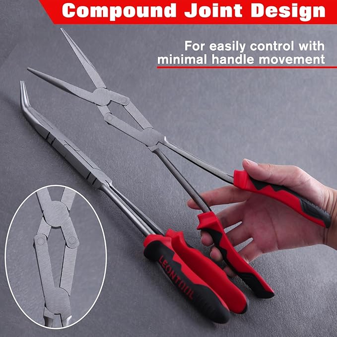 Straight and 45-Degree Bent Needle Nose Pliers Set 2Pcs Double Jointed Needle Nose Pliers Set Extra Long Needle Nose Plier with Serrated Jaw Long reach pliers for Hard to Reach Narrow Spaces