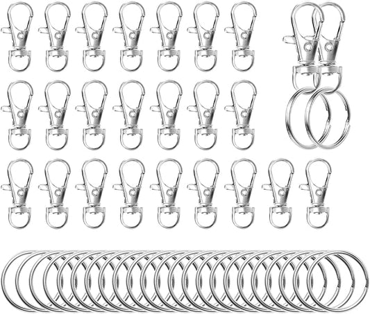 Swivel Snap Hooks with Split Key Rings Premium Metal Silver Lobster Claw Trigger Clasps for Keychain Clip Lanyard Bag Purse Tag Jewelry Making Crafts