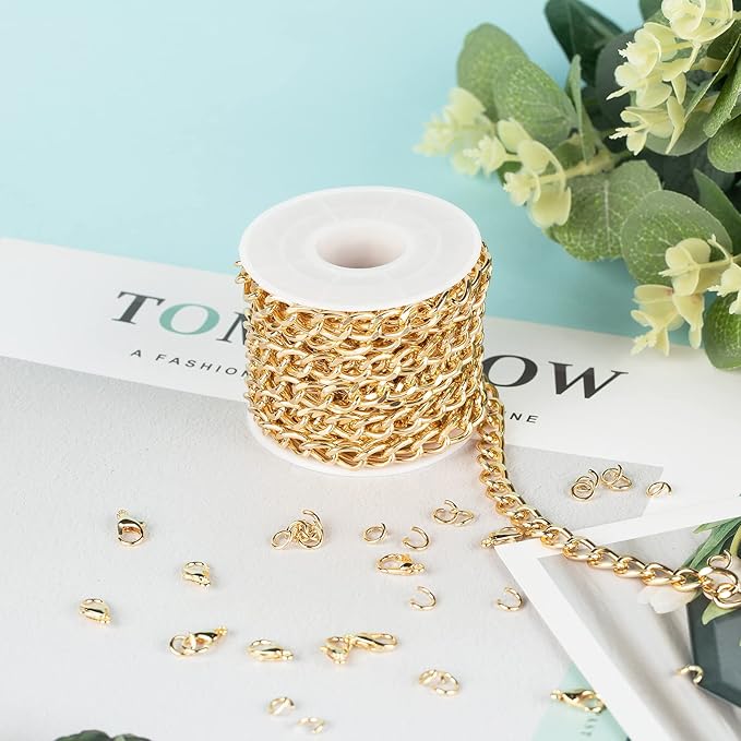 16.4 Feet Twisted Curb Chain Links Gold Plated Aluminum Bracelet Necklace Chain Bulk for DIY Craft Jewelry Making with Lobster Clasps and Jump Rings