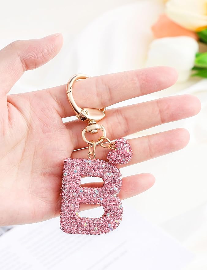 Initial Keychain for Women Girls,Bling Letter Key chain Initial with Heart,Pink Keychain Charms for Backpack Handbag